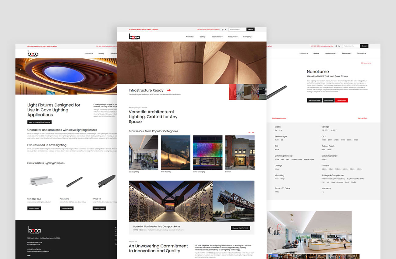 Three screenshots from Boca Lighting and Controls's redesigned website, depicting the homepage, an application page, and a product page.