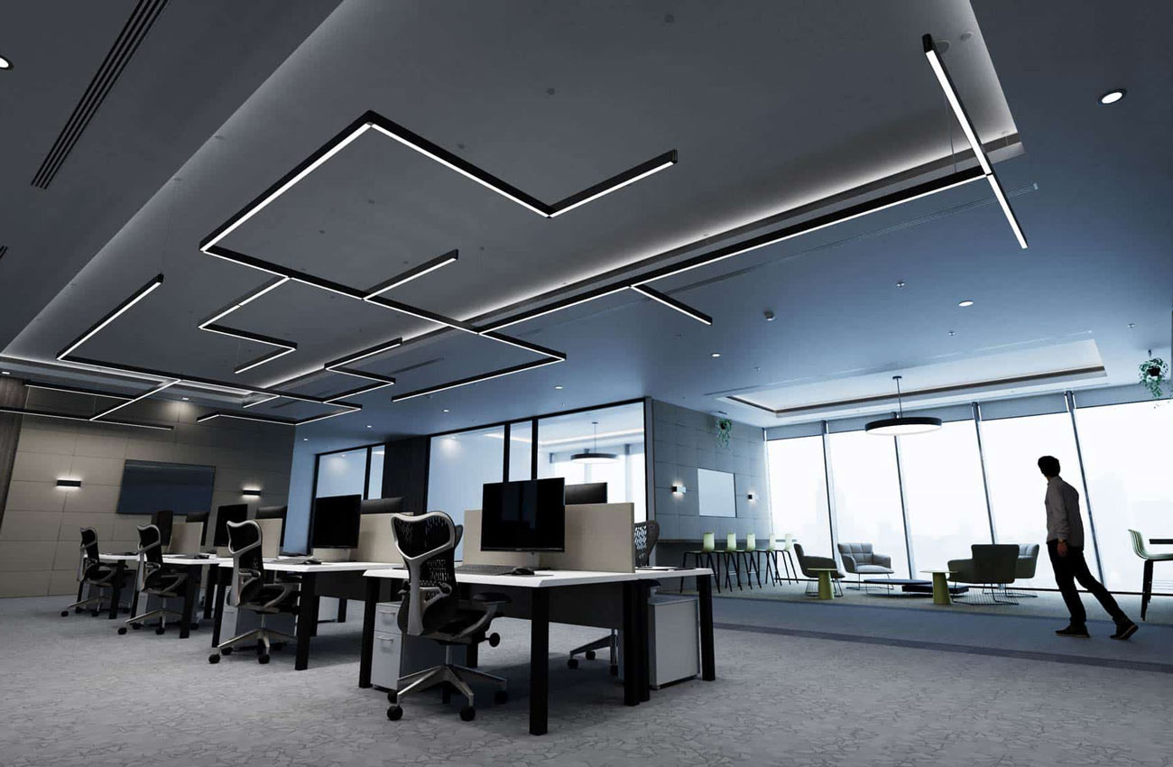 A rendering of Camman's Infinilite linear lighting installed in an office