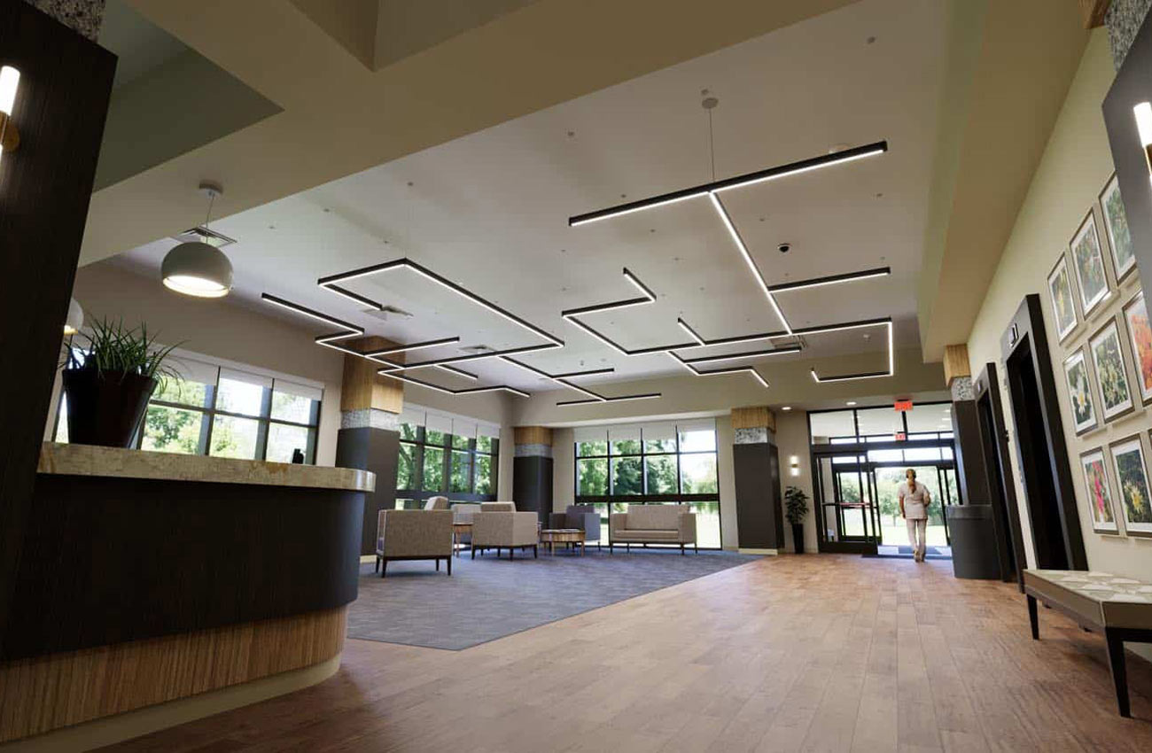 A rendering of Camman's Infinilite geometric lighting installed in a healthcare lobby