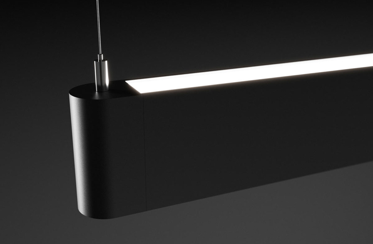 Close-up rendered view of a Camman Infinilite linear lighting product against a black backdrop