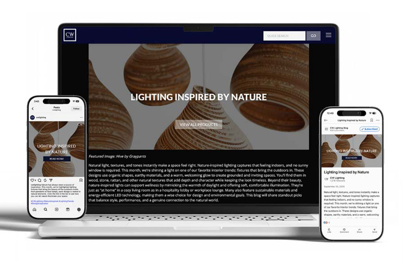 A mockup of CW Lighting's website and social media presence on multiple devices