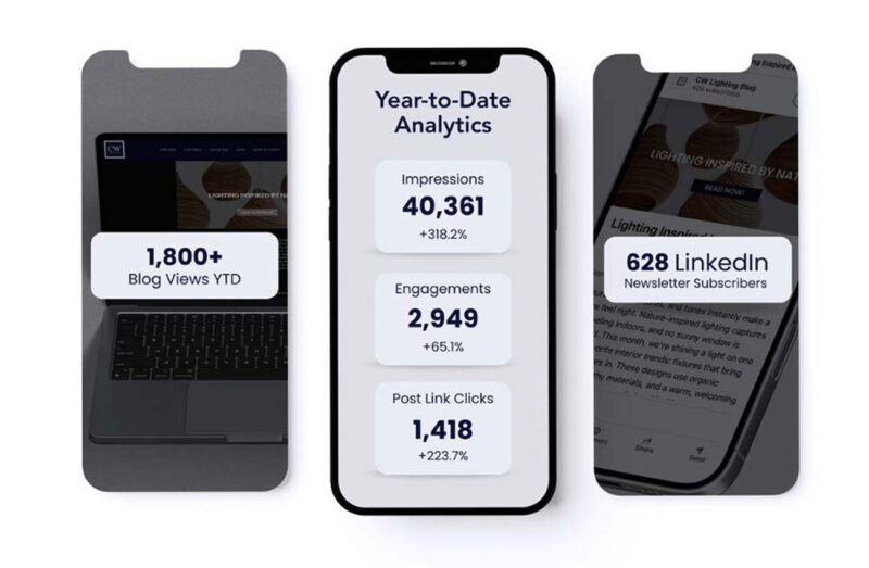Three screens detailing CW Lightings year-to-date social media analytics