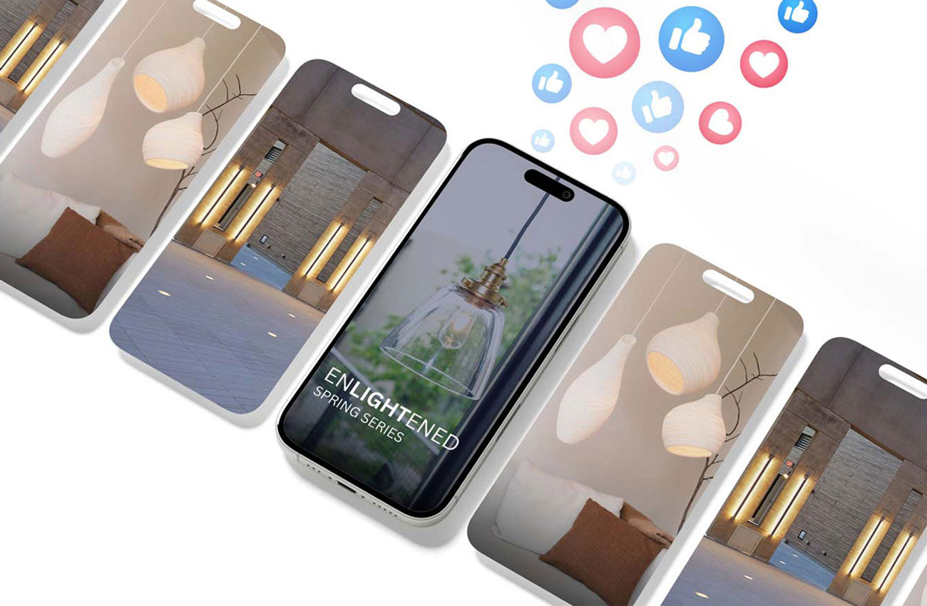 A multi-screen view of CW Lighting's social media story posts