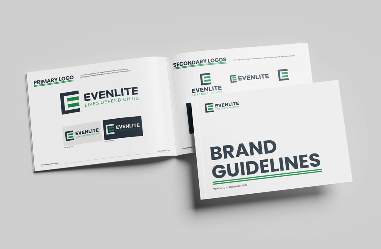 Brand Strategy A brand guideline booklet showcasing Evenlite's new logo