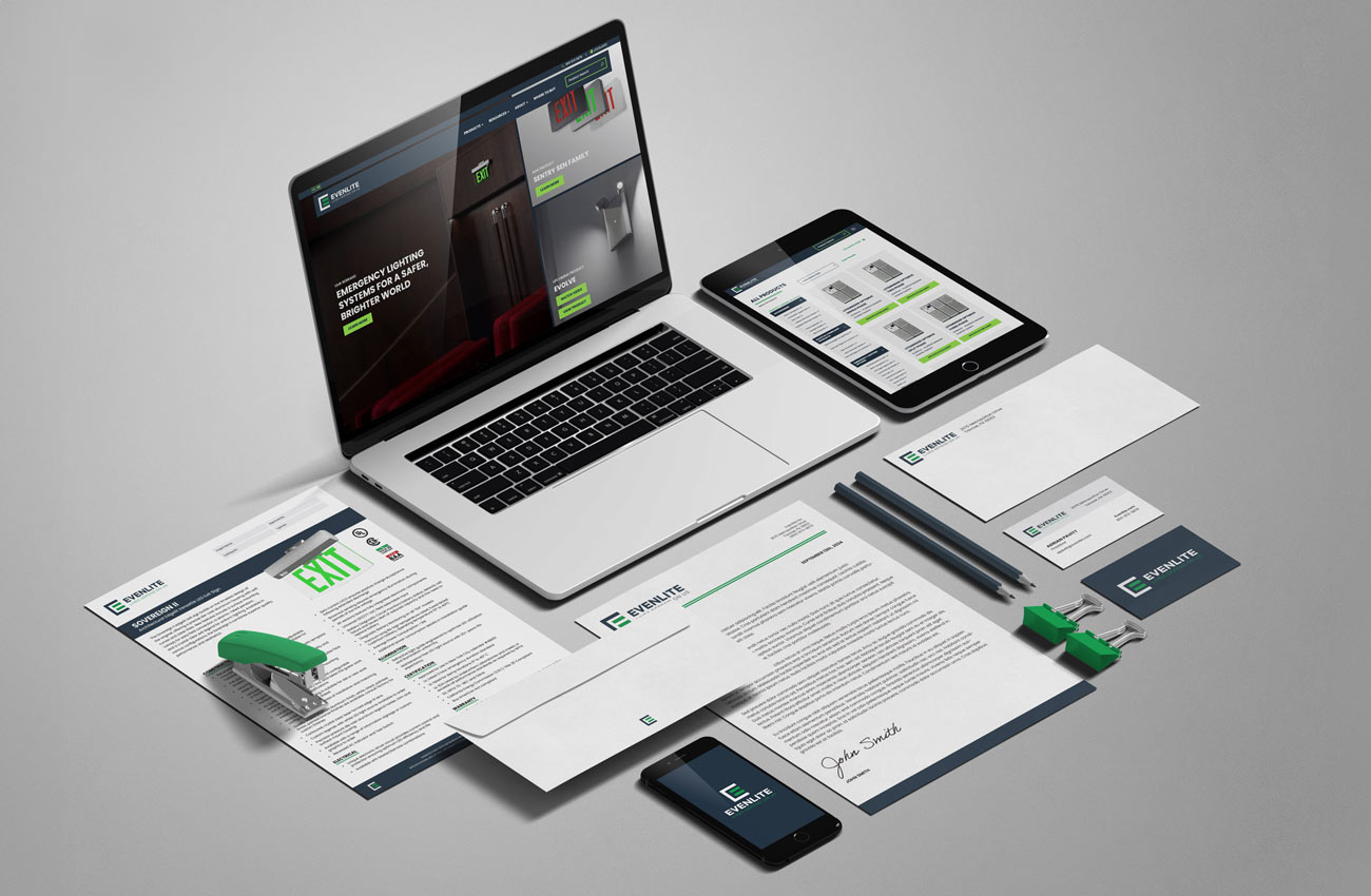 A spread of deliverables showcasing Evenlite's new brand, including documents, stationary, and an updated website