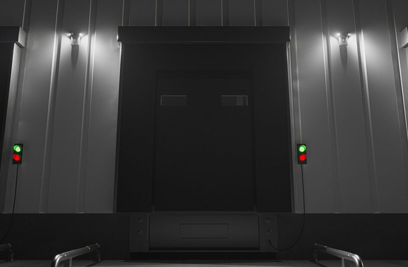 A 3D rendering of Evenlite emergency lighting on a warehouse facade