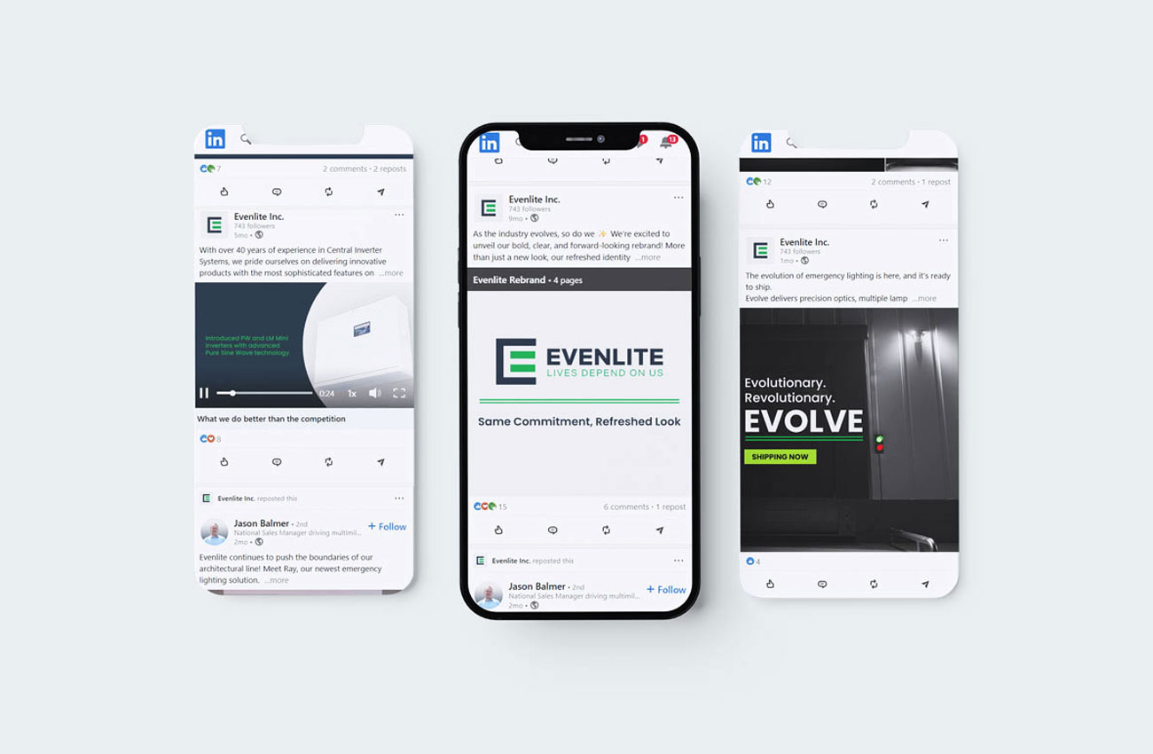 Social Media Three screens from Evenlite's LinkedIn page