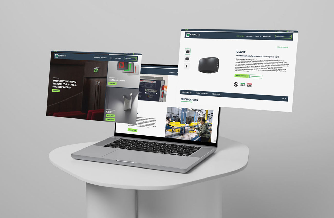 Website Design & Development A mockup showcasing different pages of Evenlite's redesigned website
