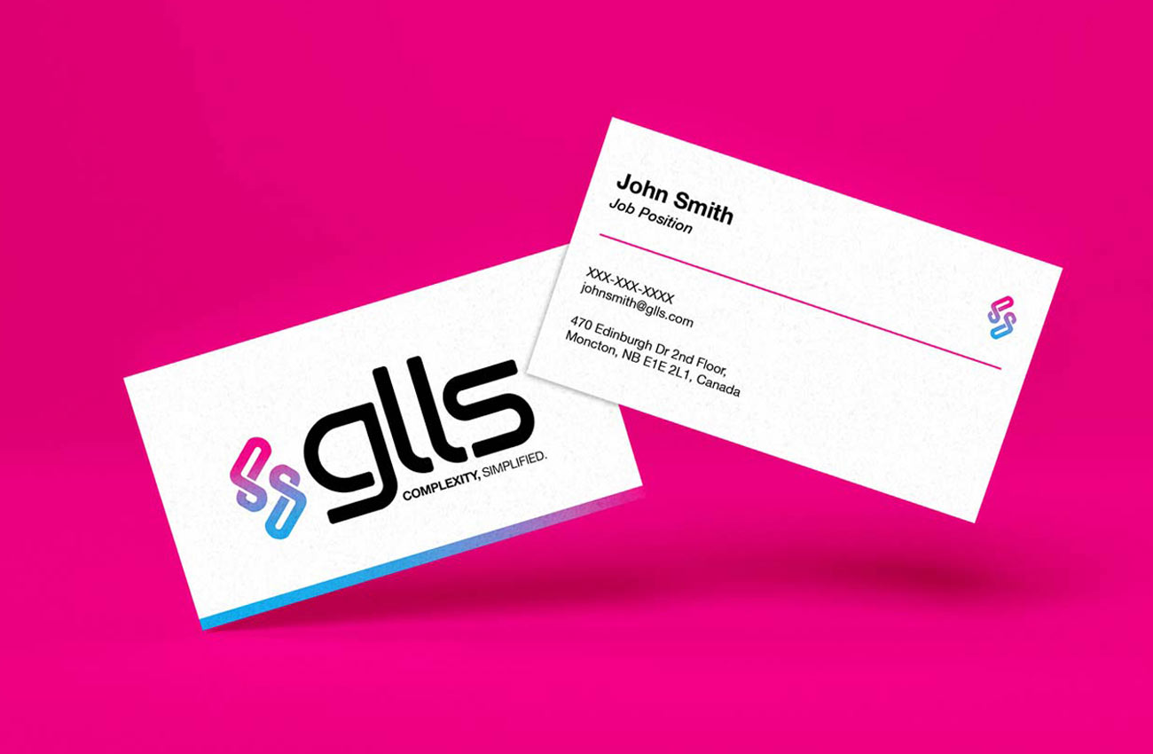 A front and back view of a business card featuring GLLS's new branding