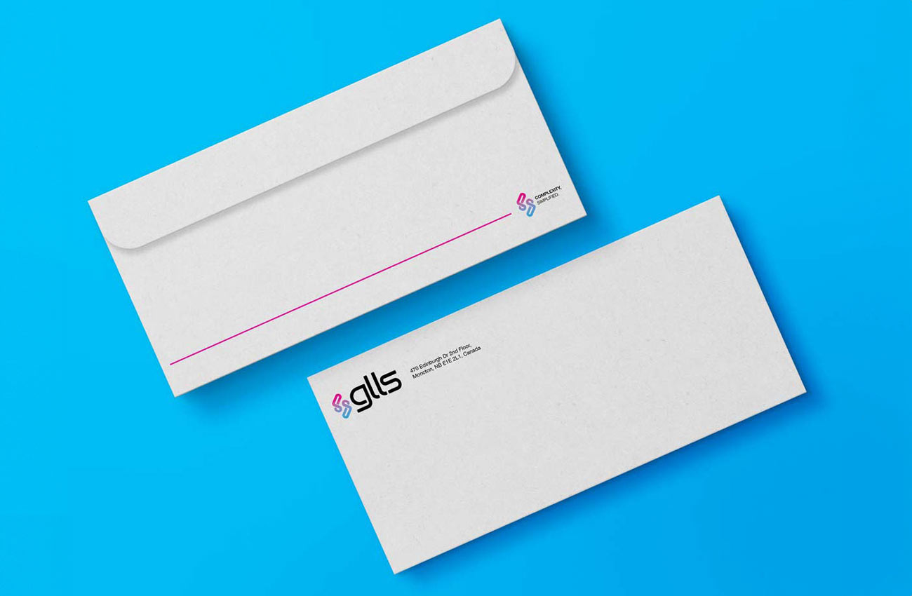 A front and back view of an envelope featuring GLLS's new branding