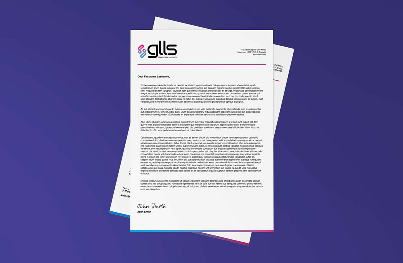 Letterhead design featuring GLLS's new branding