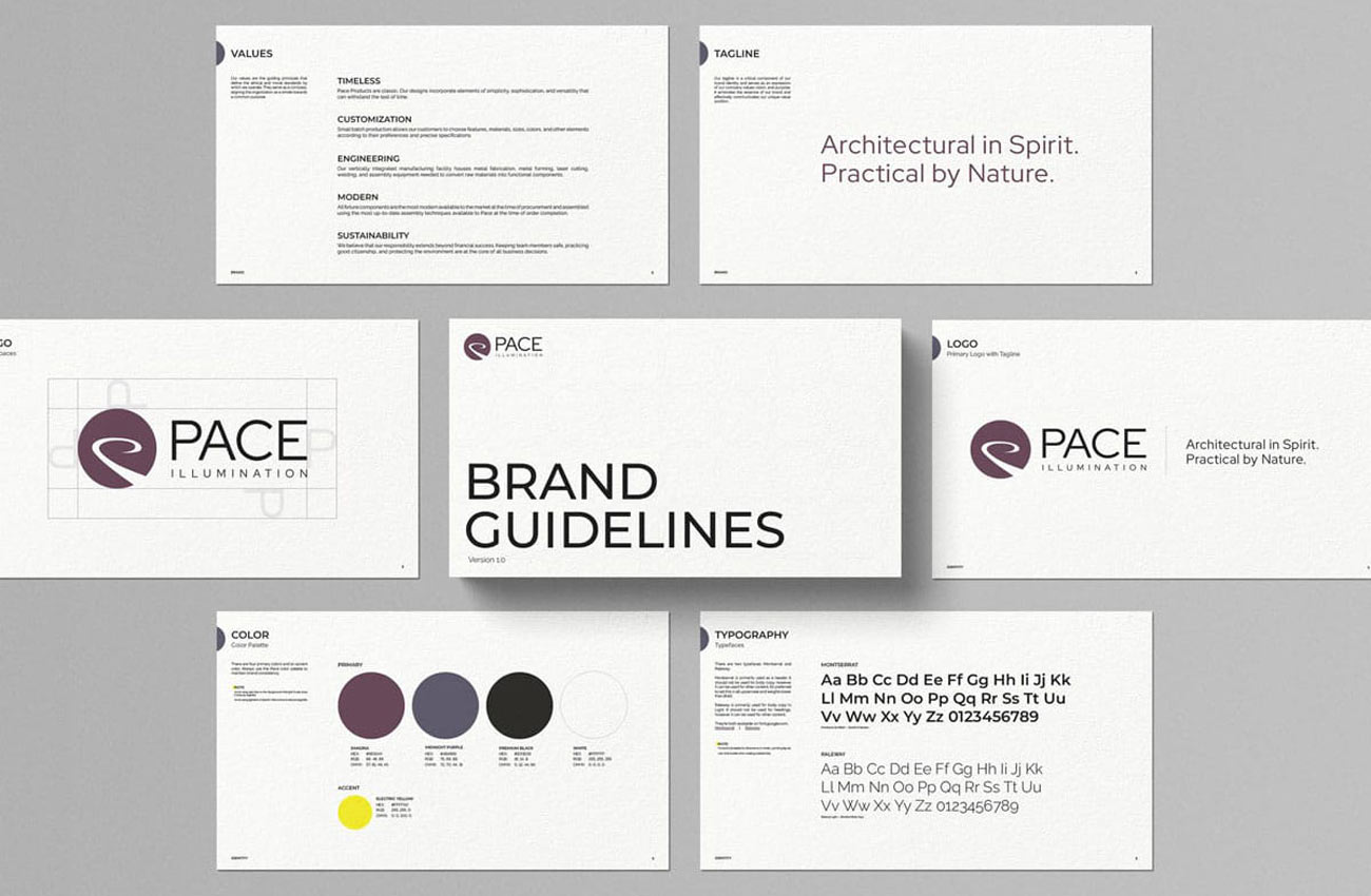 Pages from the updated Pace Illumination brand guidelines shown in a grid