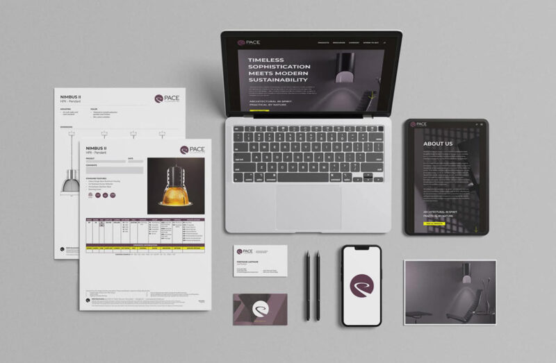 An assortment of deliverables from the Pace Illumination rebrand, including spec sheets, business cards, and a new website