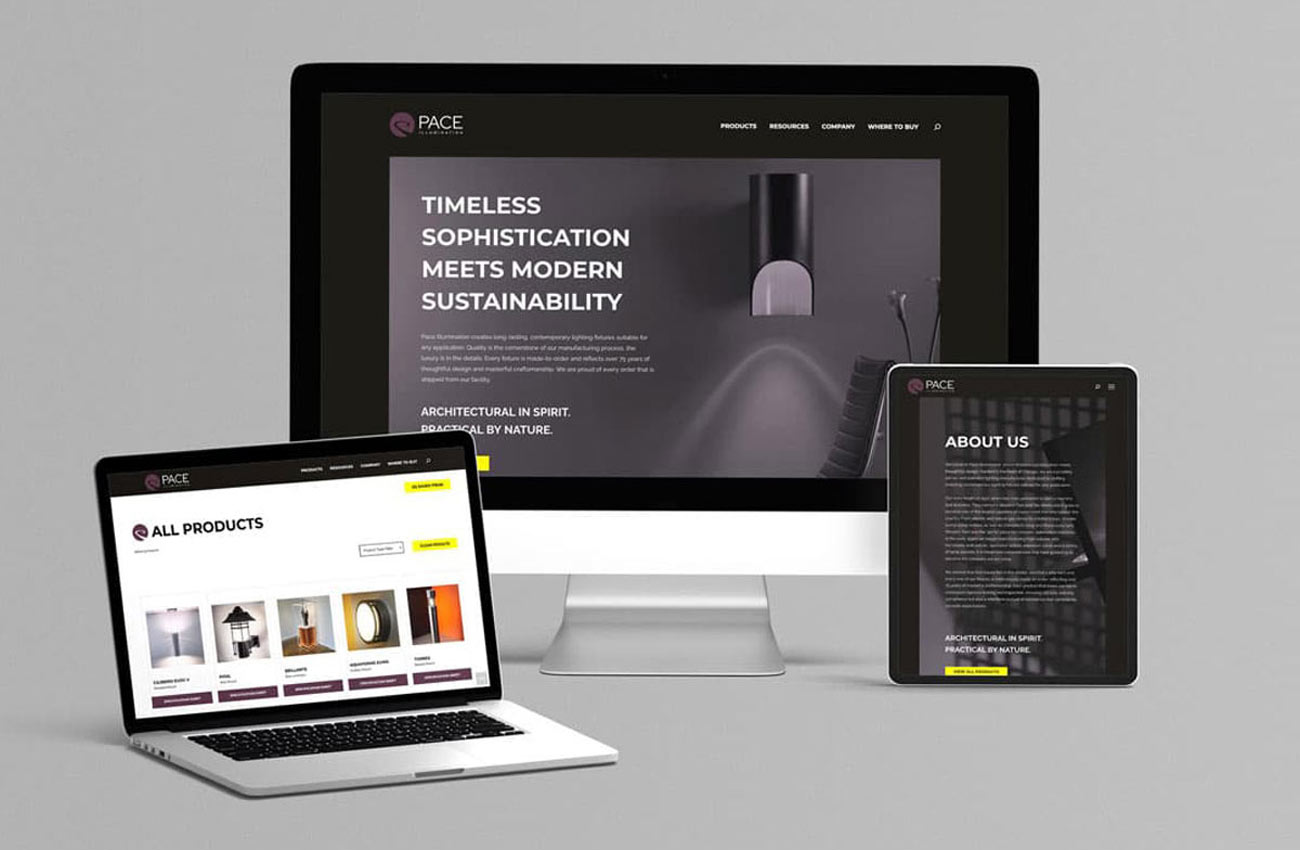 The new Pace illumination website shown on desktop, tablet, and mobile screens