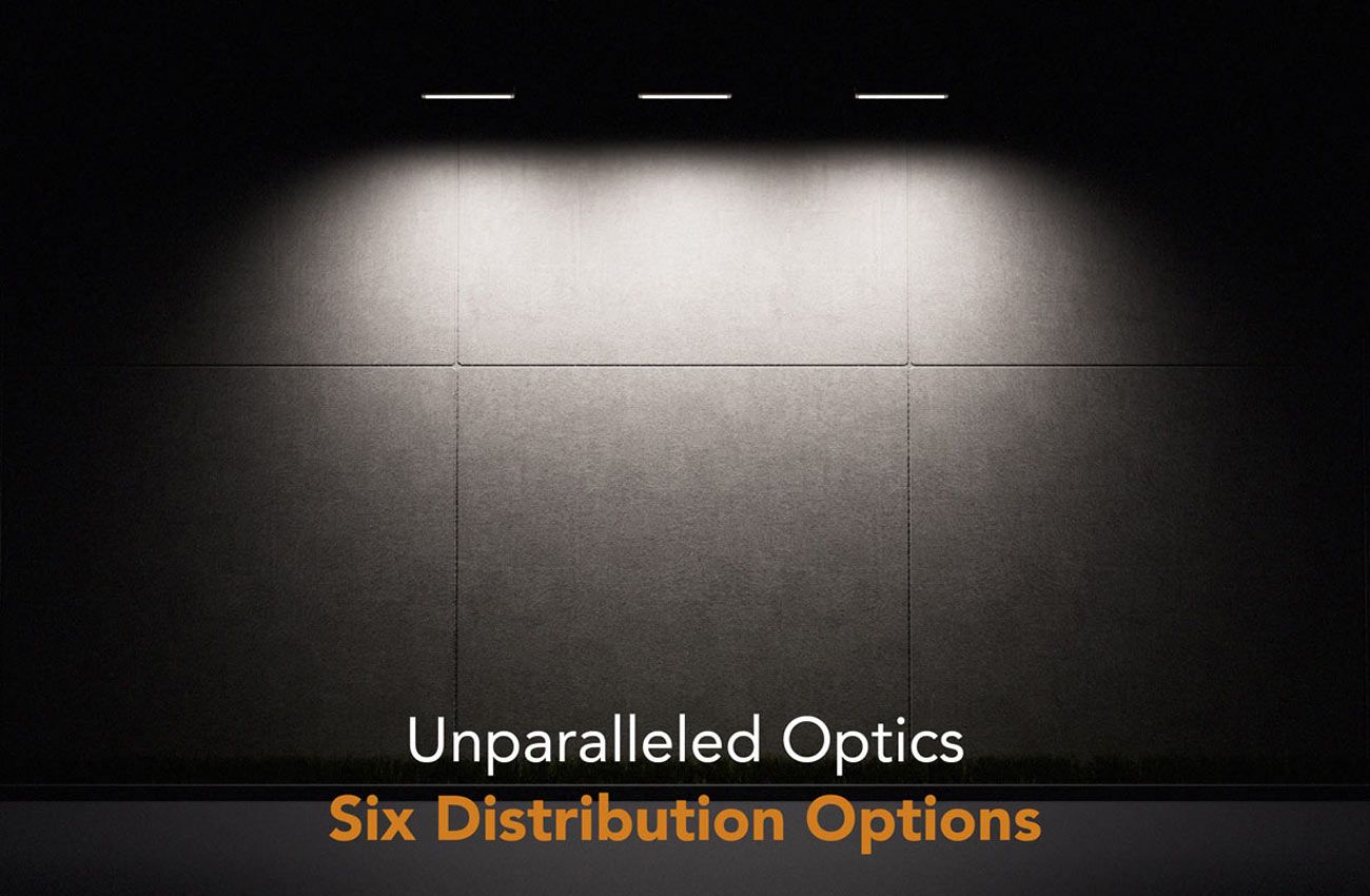 Vista 1050 Linear Series Launch - Distribution Vista 1050 Linear Series LED light fixtures illuminate a wall after dark. Text reads "Unparalleled Optics: Six Distribution Options"
