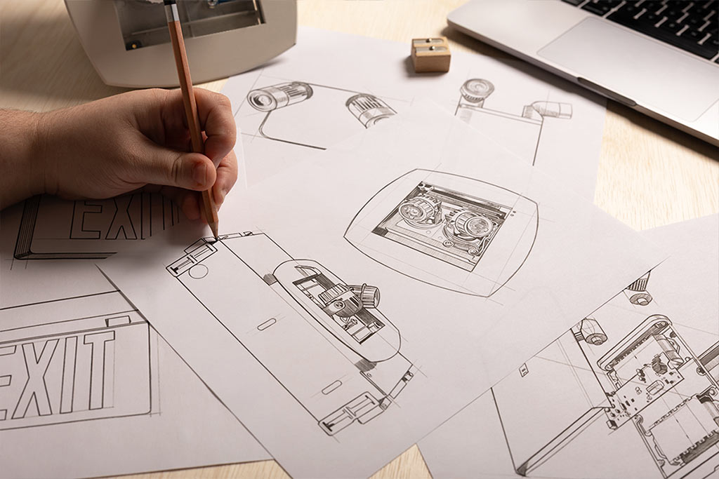 What to Expect A graphic designer works on line drawings for an architectural emergency lighting marketing campaign